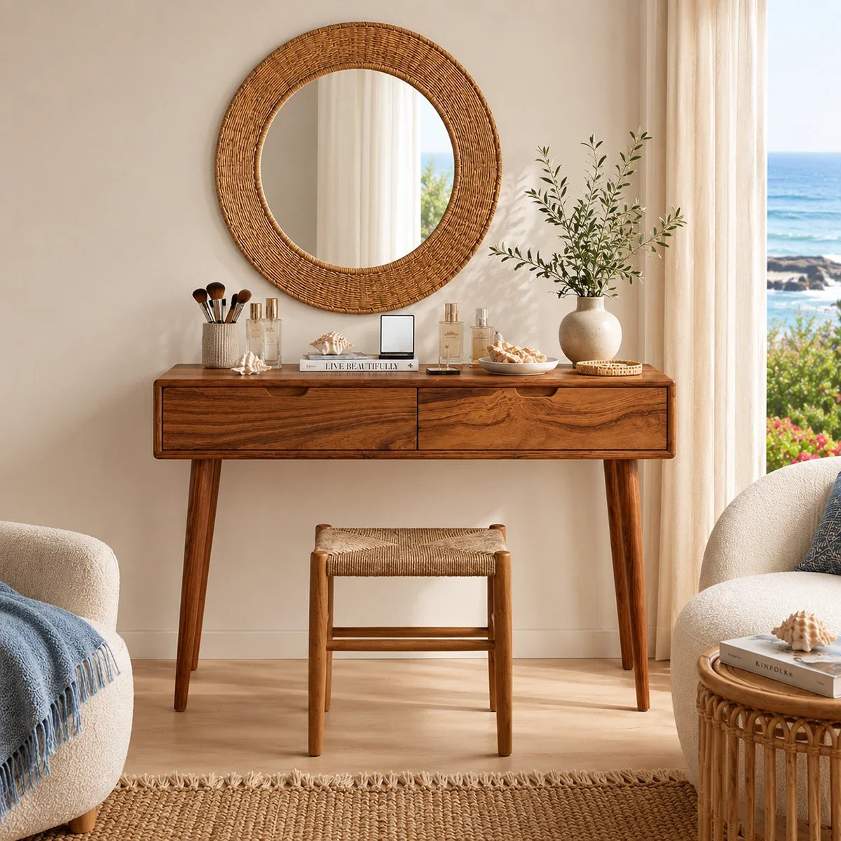 Makeup vanity desk featuring two drawers and a broad top for organized beauty essentials