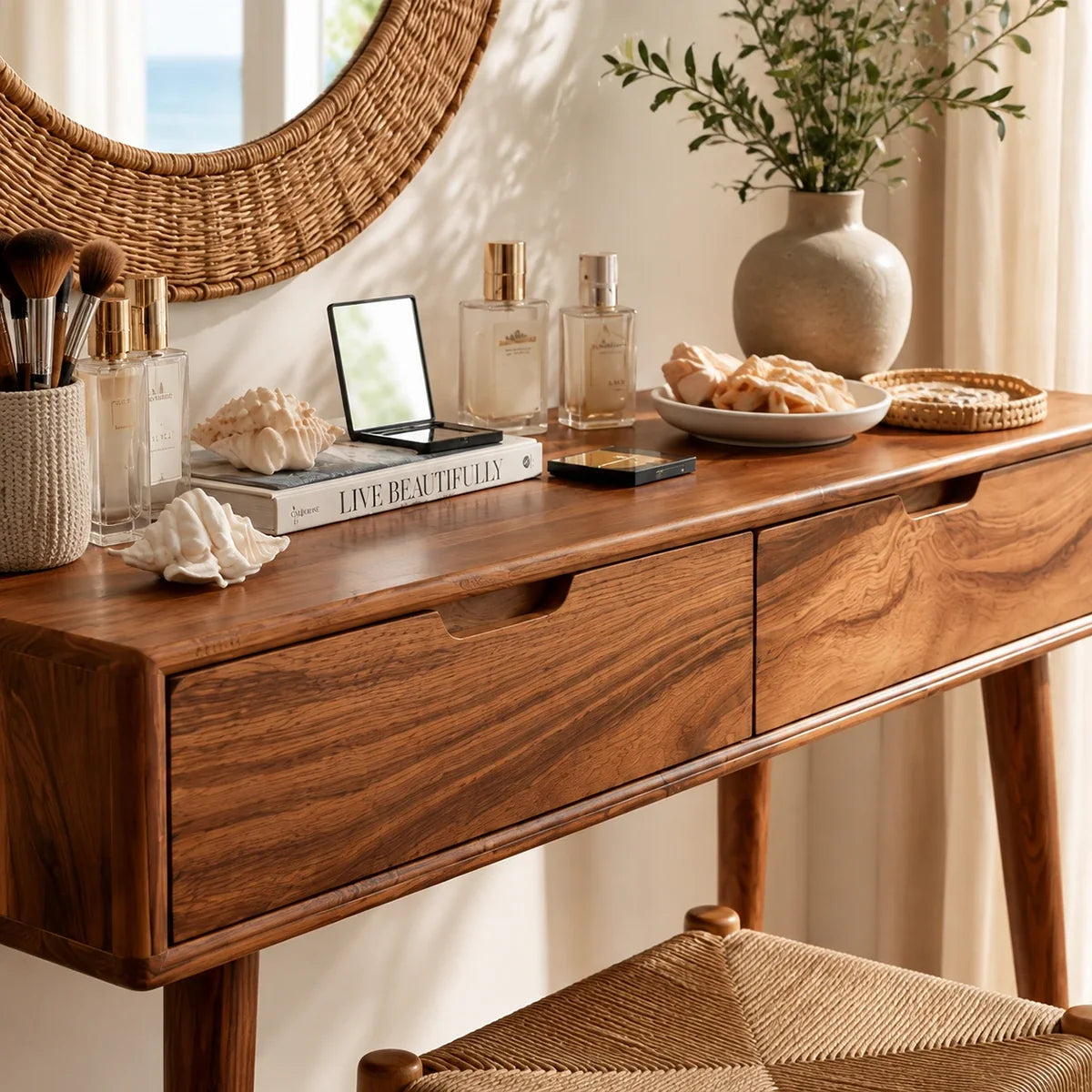 Cosmetic vanity table with tapered legs and warm finish in a calm sunlit bedroom
