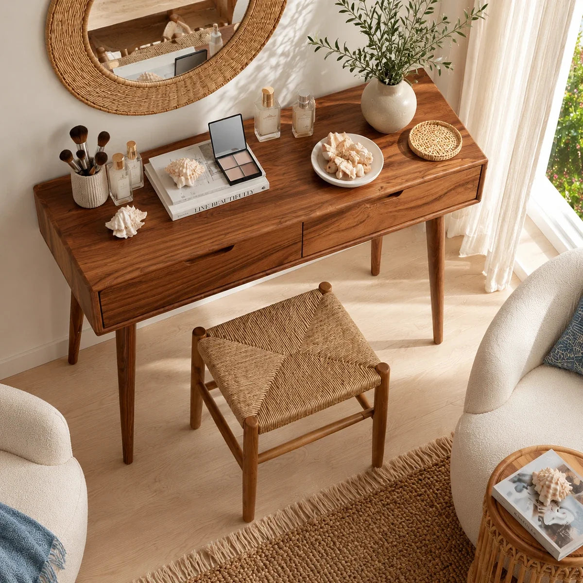 Designer makeup table with visible grain and clean drawer fronts in a refined interior