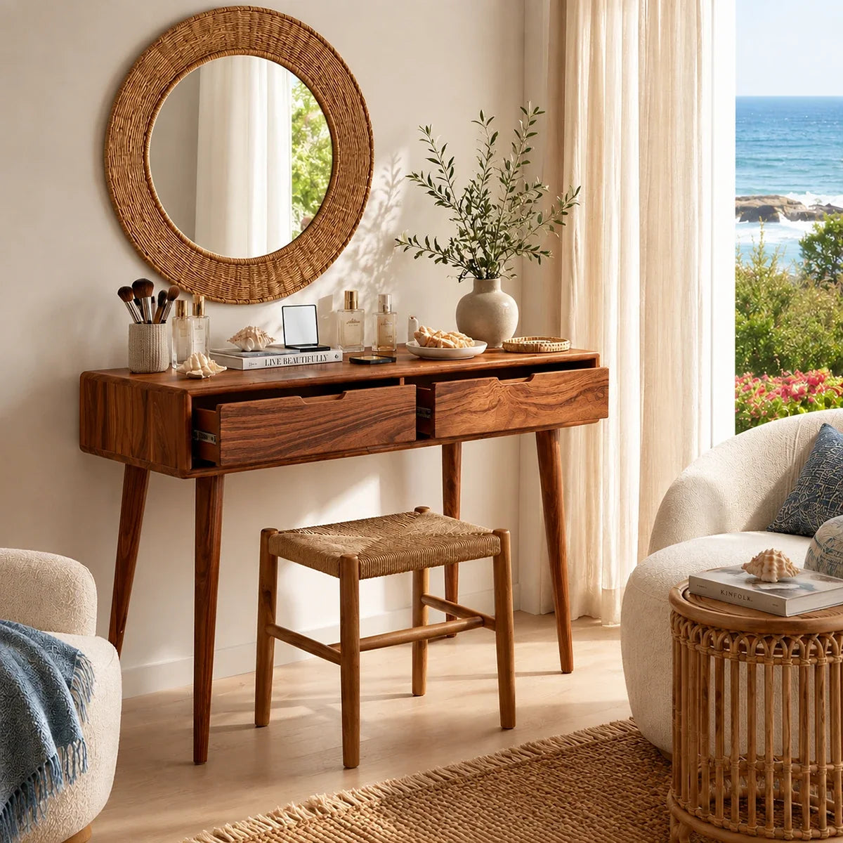 Minimalist vanity desk with two drawers and open leg space for daily beauty routines