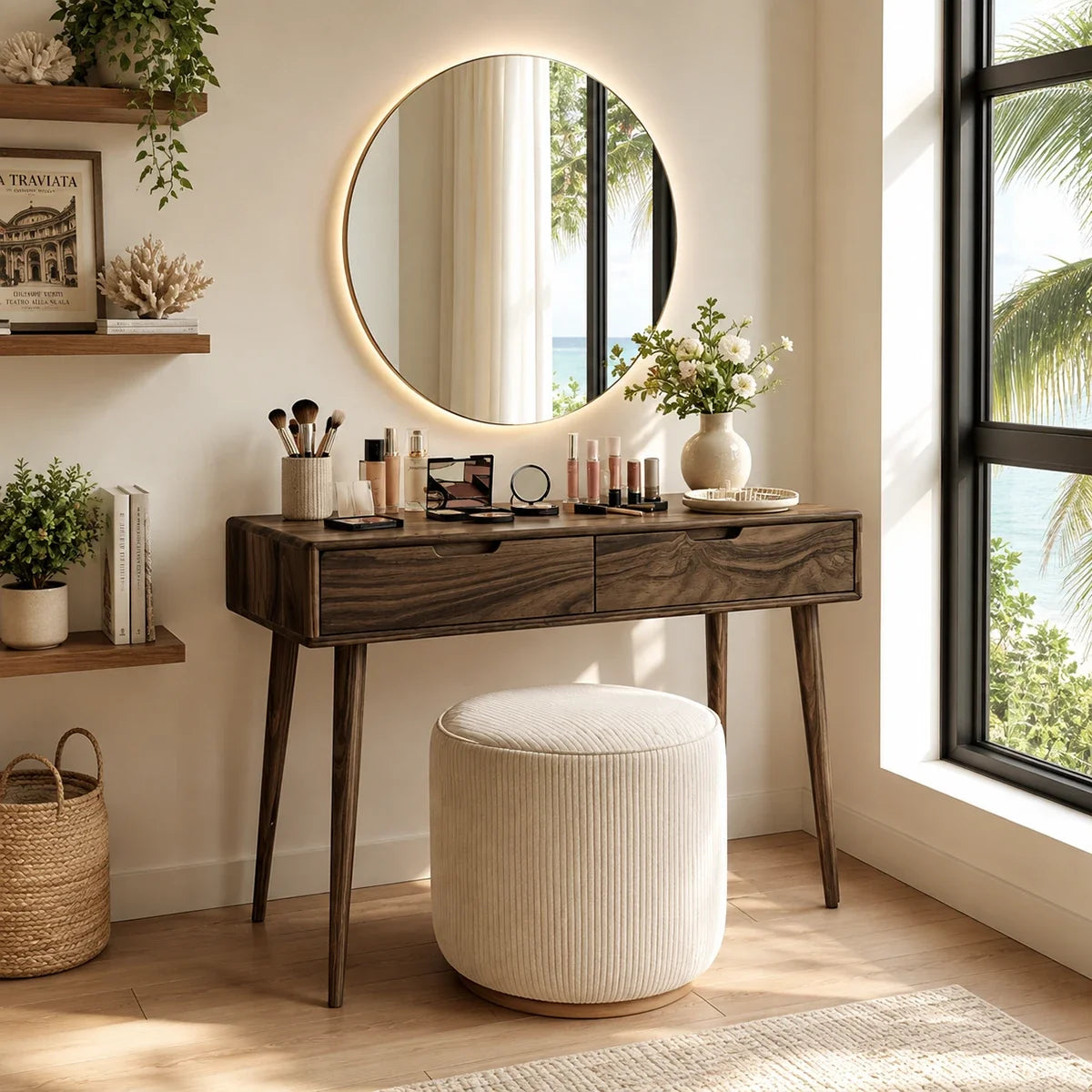 Luxury dressing table with warm wood tone and practical storage in an airy coastal room
