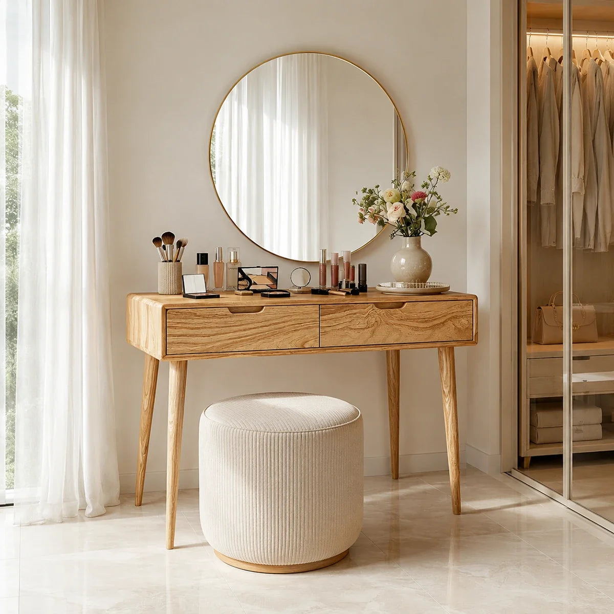 Contemporary makeup vanity showcases slim supports and useful drawer storage indoors