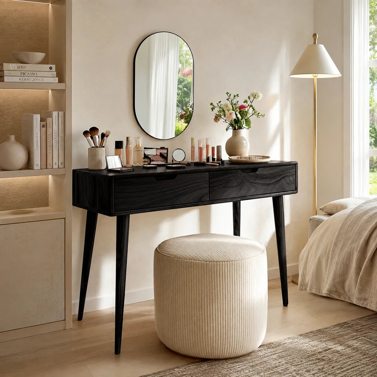Vanity table with broad surface and two drawers for organized cosmetics and decor