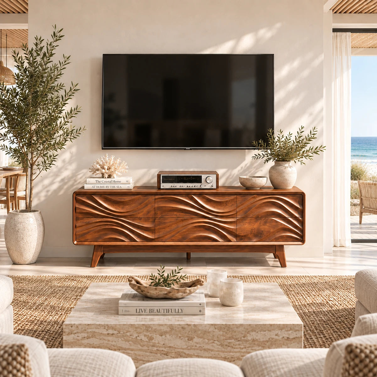 Handcrafted media storage unit with flowing wave fronts for a serene coastal home
