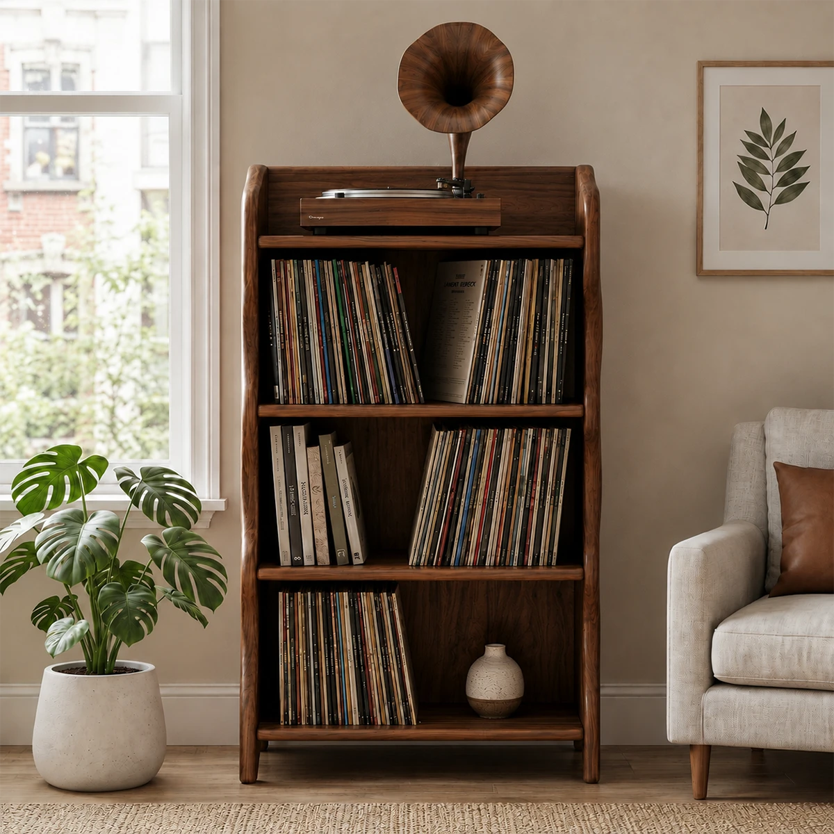 Compact Natural Solid Wood Audio Storage Cabinet With Wavy Side Panels - ArborisWood - 11