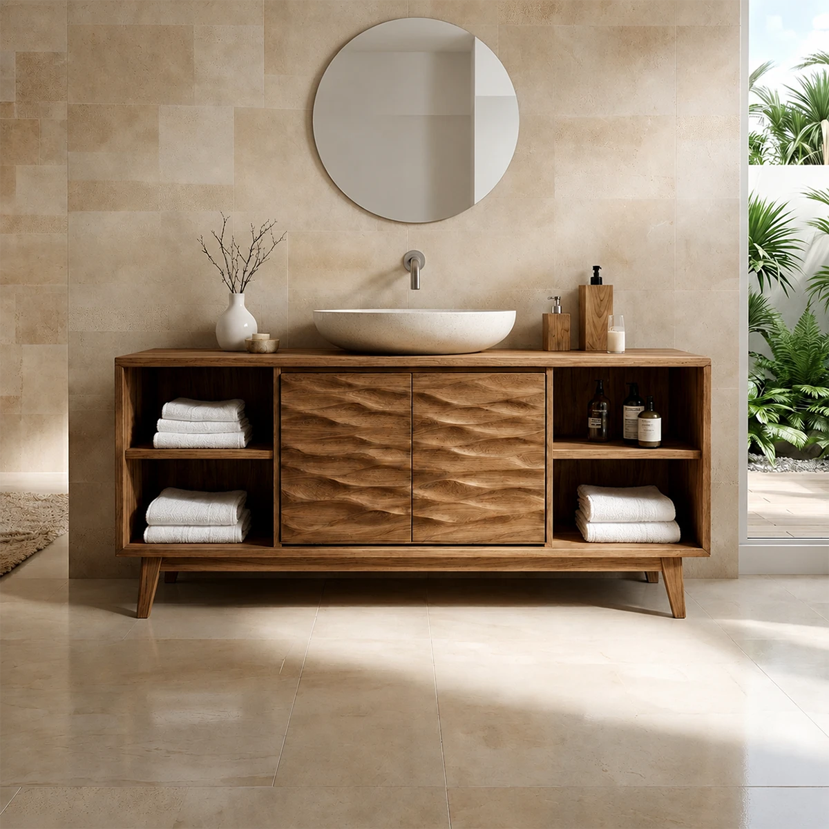 Hand-Carved Natural Solid Wood Bathroom Vanity With Open Shelves