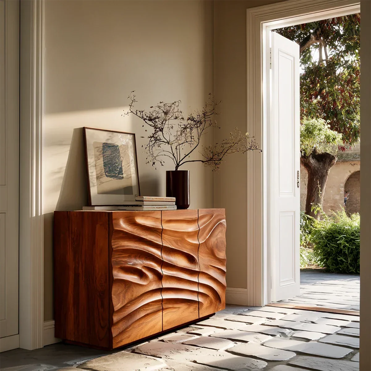 Contemporary Carved Sideboard Cabinet in Natural Solid Wood Design - ArborisWood