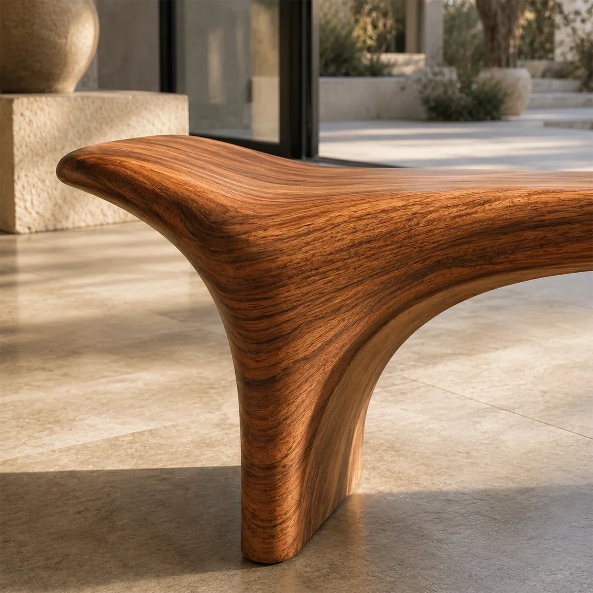 Designer bench with a fluid seat line and bold solid wood base for sophisticated interiors
