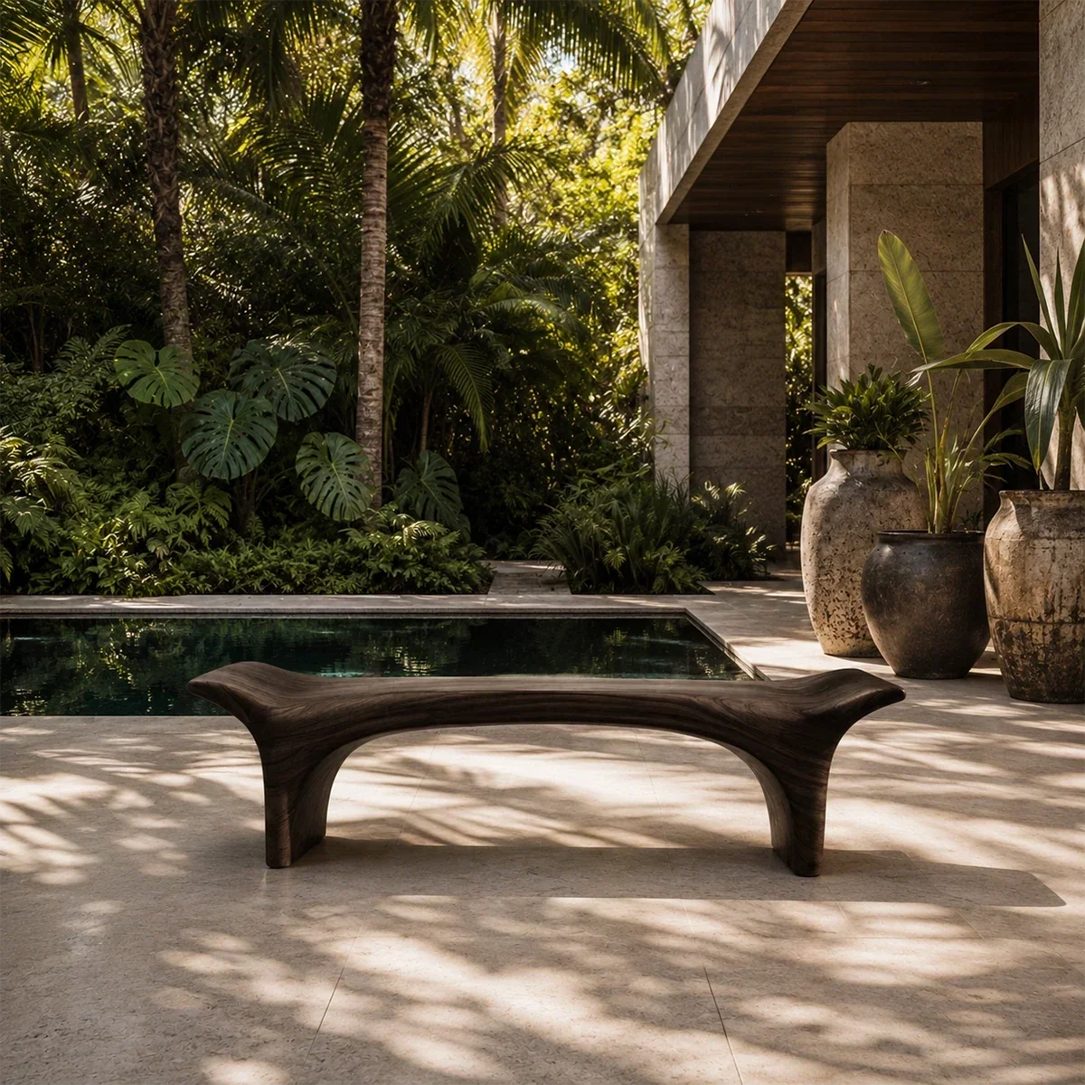 Hallway bench with organic contours and tapered supports for a polished modern home setting