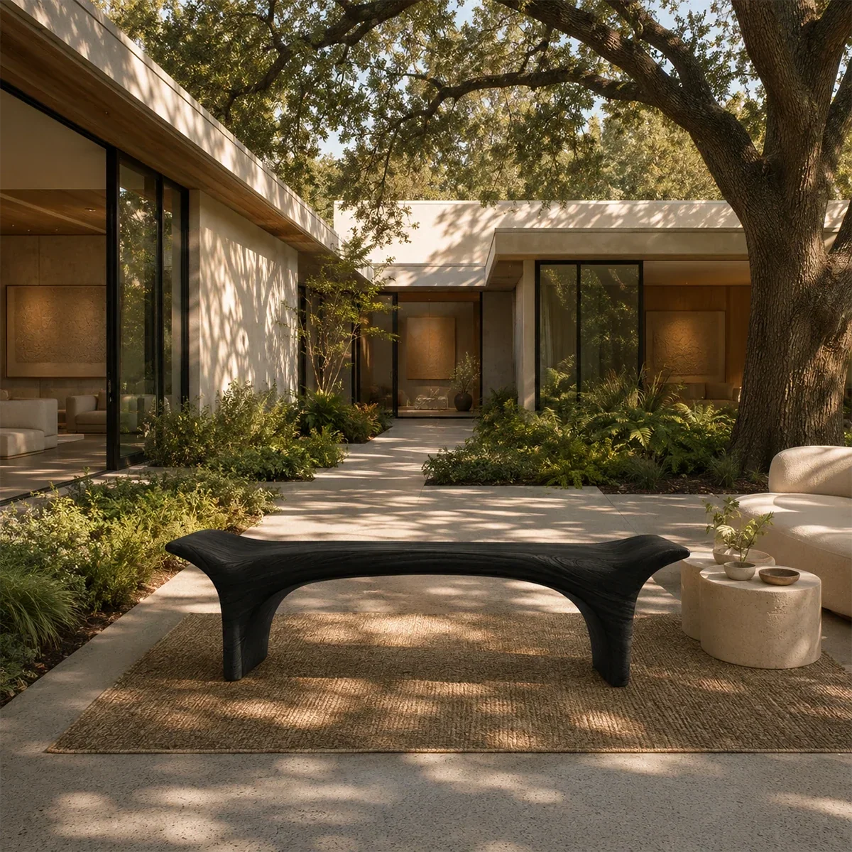 Contemporary bench with flowing silhouette and solid wood construction for refined hallways
