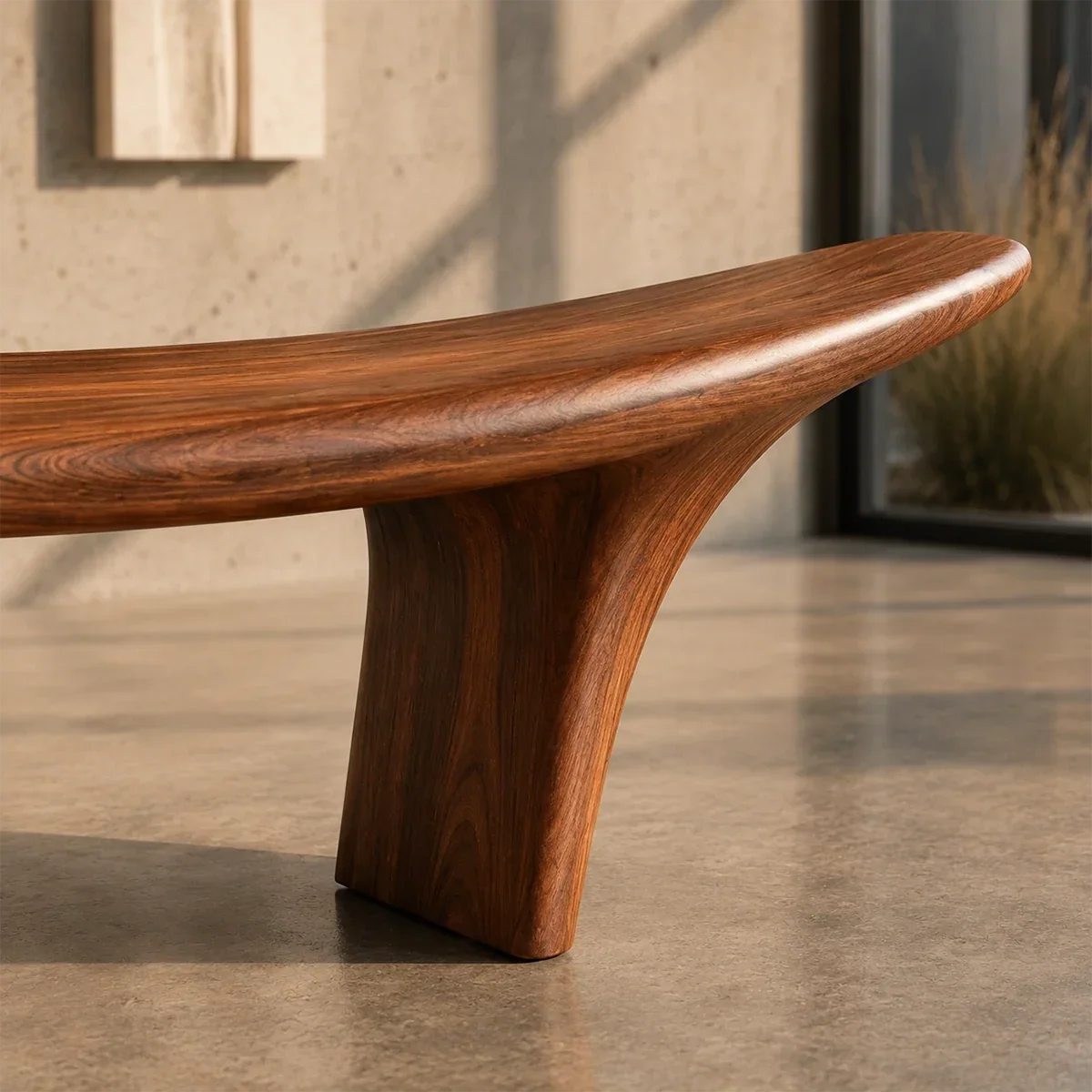 Designer bench featuring a long curved profile and solid wood structure for luxury spaces