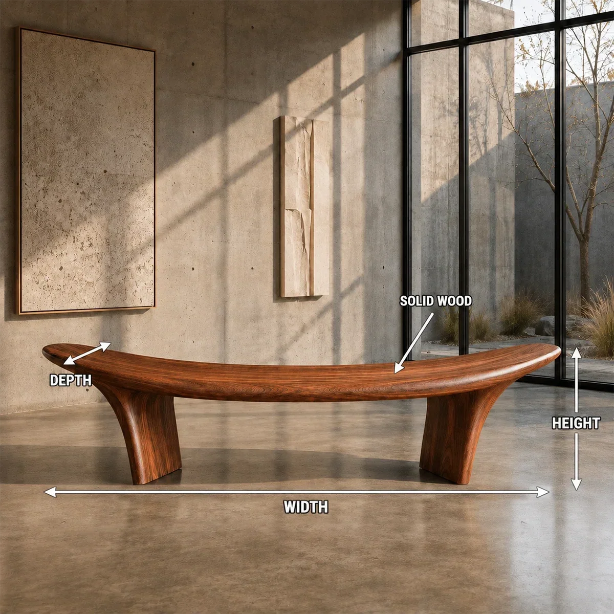 Handcrafted bench with curved seat and tapered solid wood supports for elegant interiors
