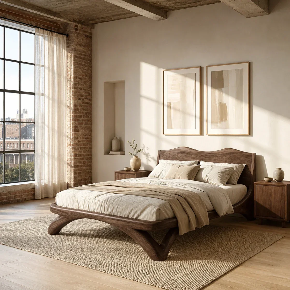Curved Base Wooden Bed Frame Crafted From Natural Solid Wood for Lofts - ArborisWood