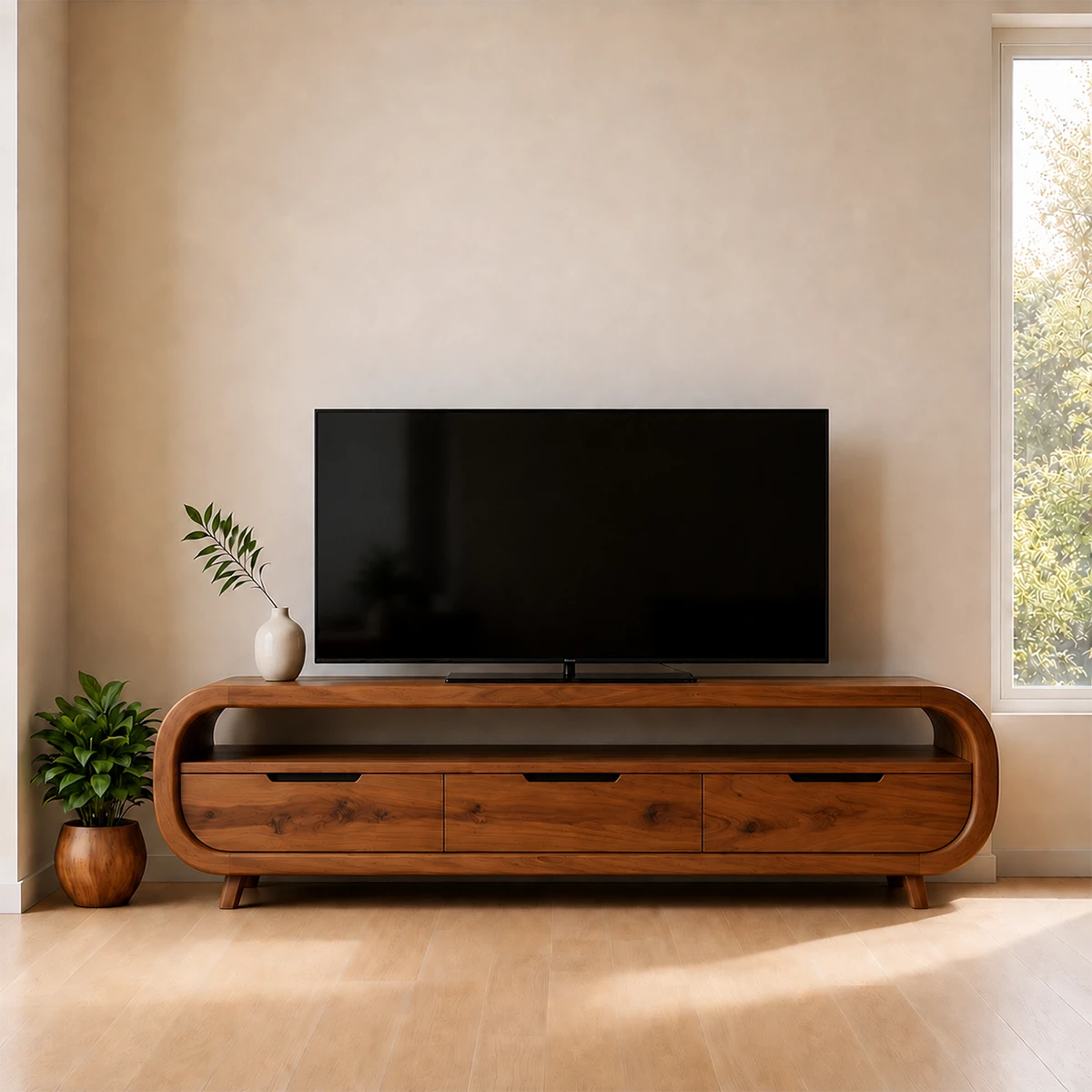 Curved Edge TV Stand Solid Wood Media Console Low Profile Storage - ArborisWood - 16