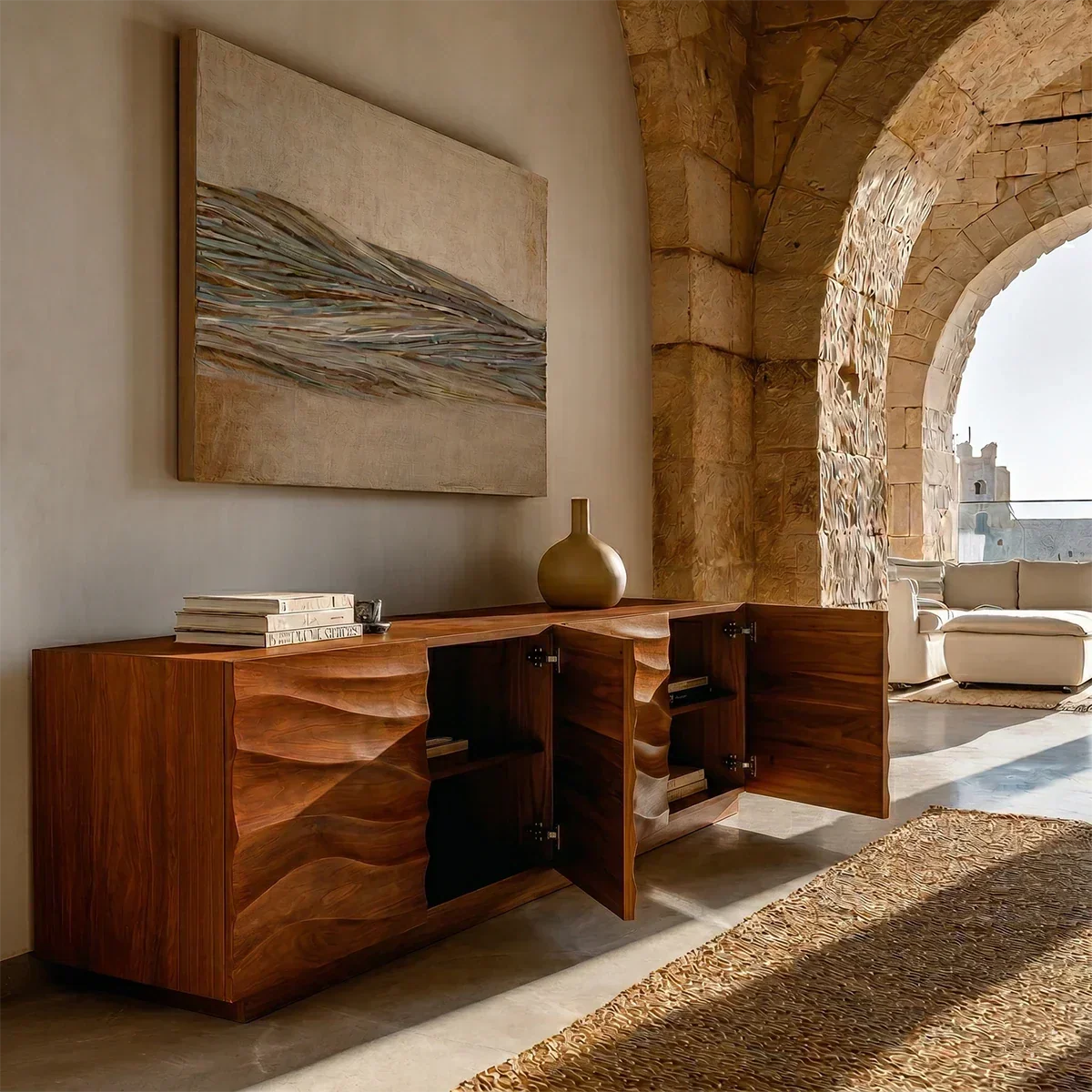 Curved Relief Sideboard Cabinet in Natural Solid Wood for Modern Spaces - ArborisWood - 5