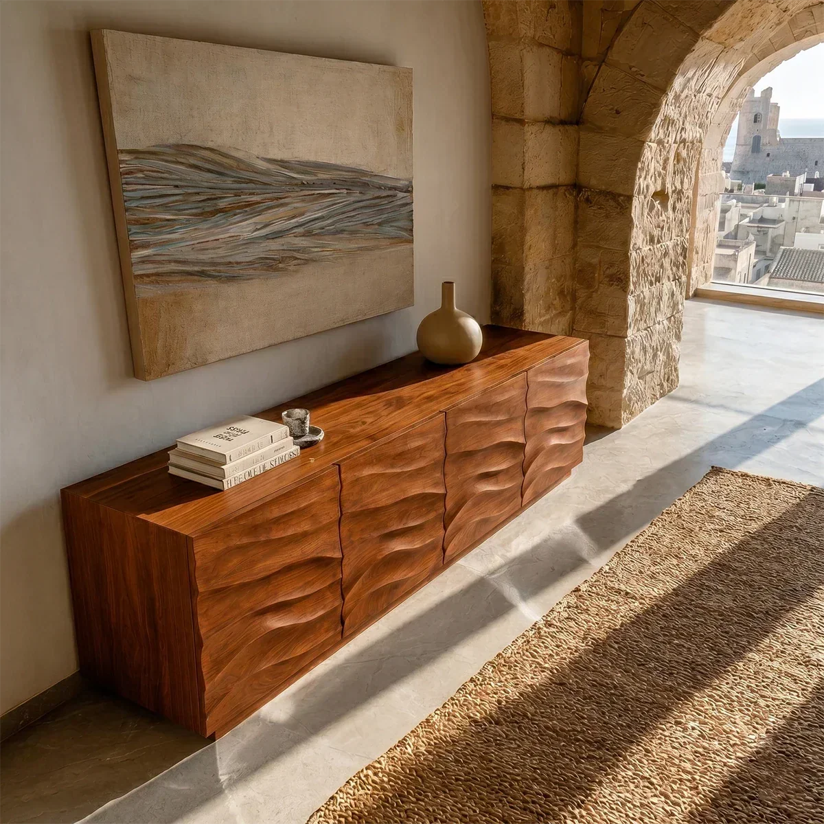 Curved Relief Sideboard Cabinet in Natural Solid Wood for Modern Spaces - ArborisWood - 6