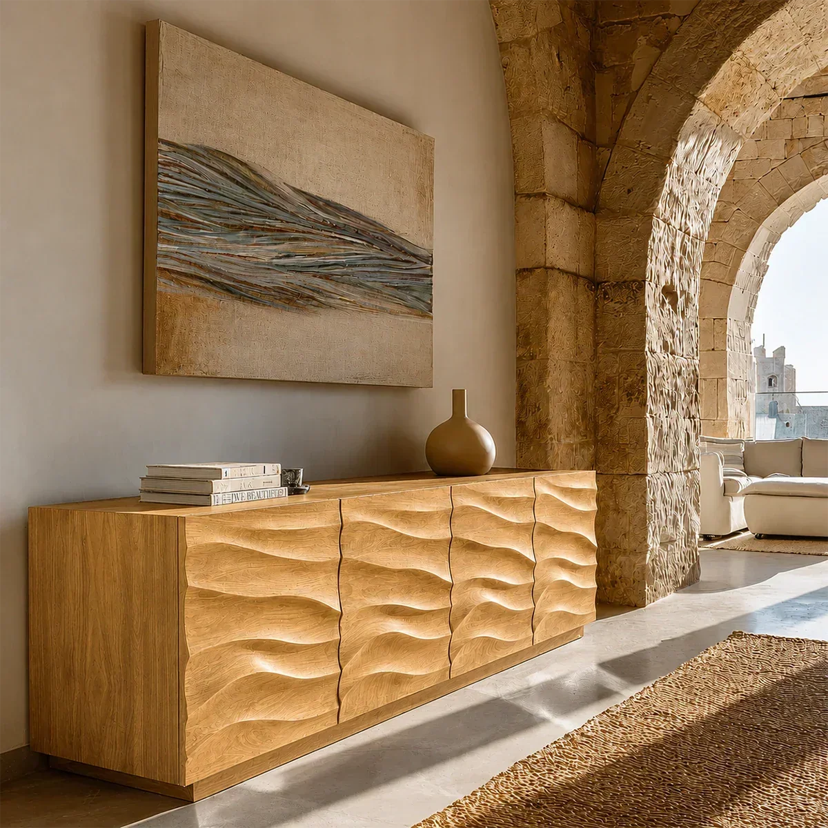 Curved Relief Sideboard Cabinet in Natural Solid Wood for Modern Spaces - ArborisWood - 8