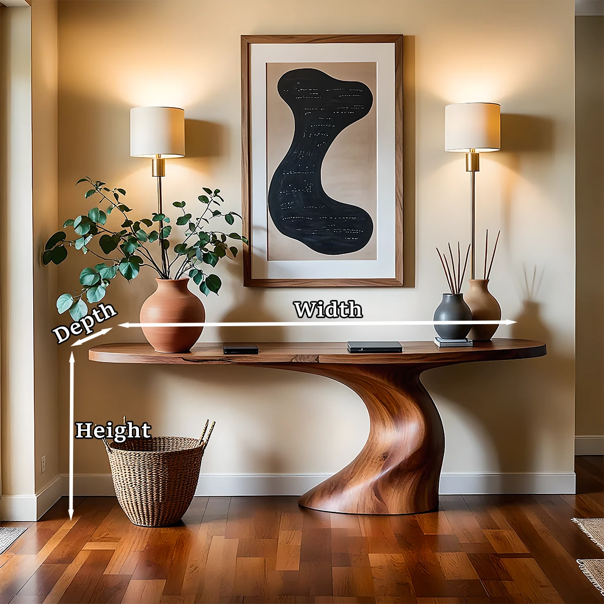 Handcrafted console table with flowing design brings depth and movement to this entryway layout