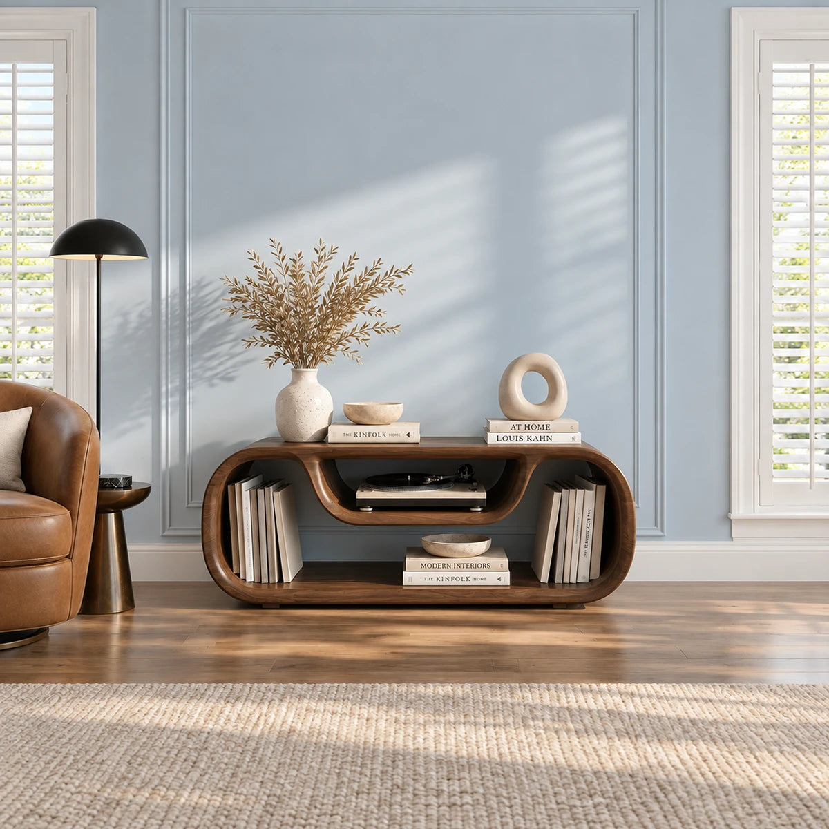 Architectural TV stand in solid wood with smooth curves and spacious open shelving