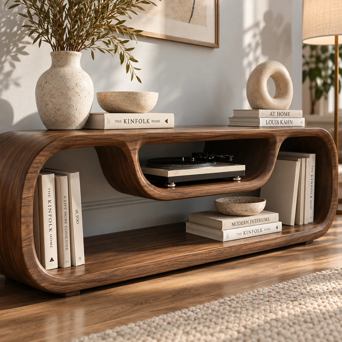 Contemporary TV console in solid wood with an oval silhouette and shelf for a turntable