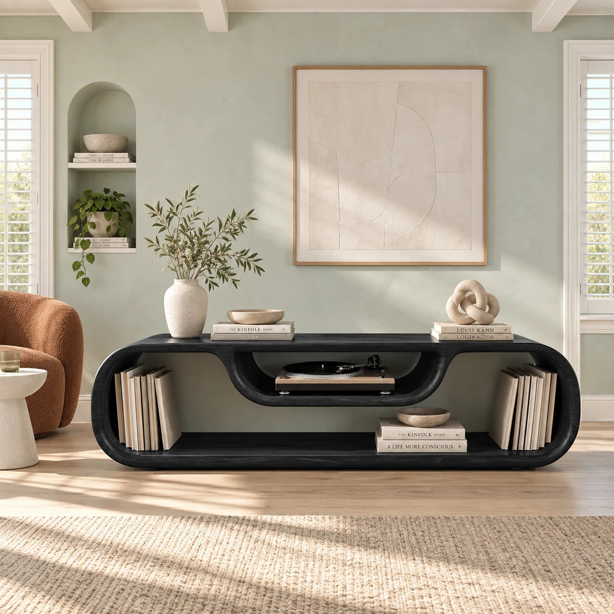 Rounded edge TV cabinet in solid wood with lower shelf storage and a clean modern look