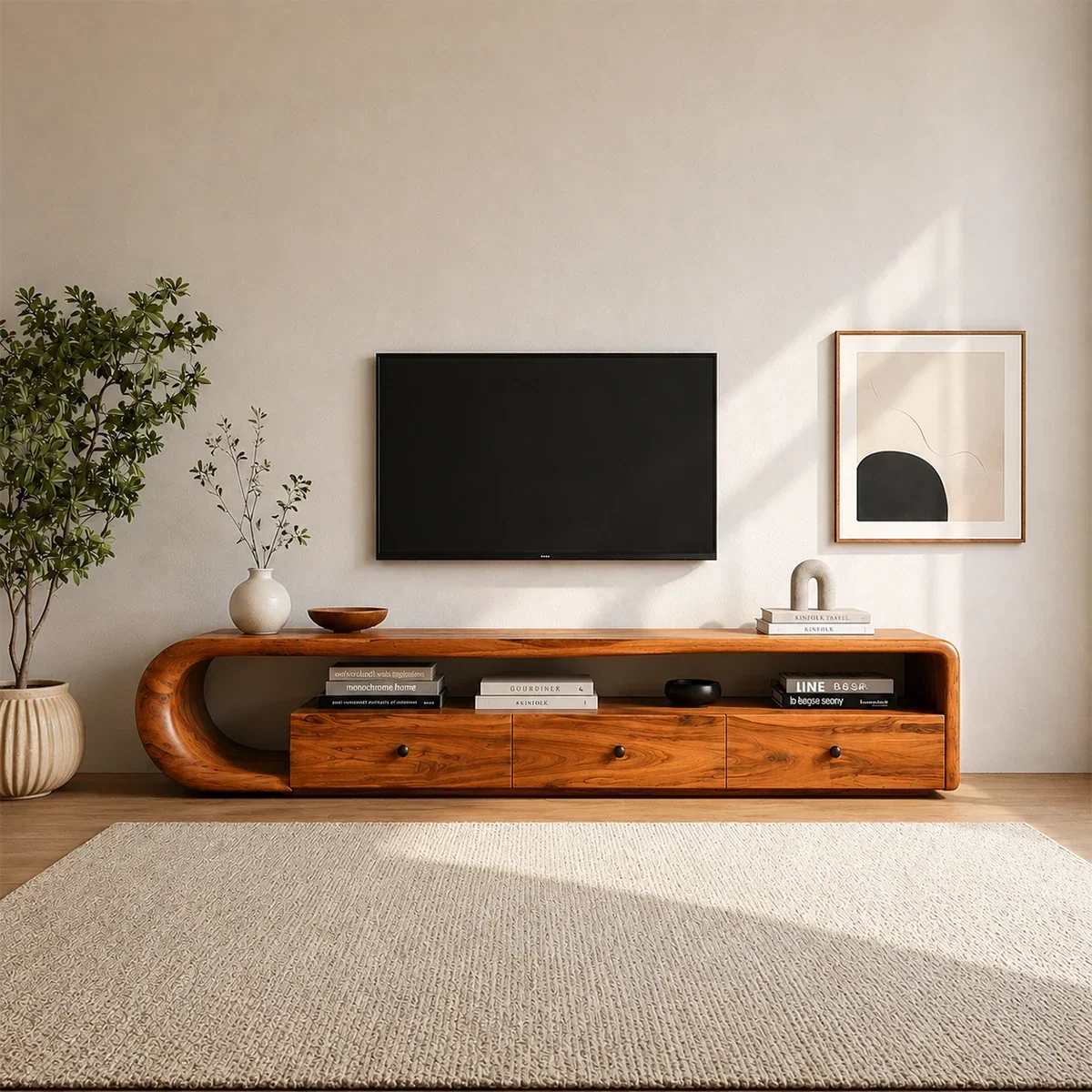 Curved Solid Wood TV Stand with Open Shelf and Drawer Storage Design - ArborisWood - 15