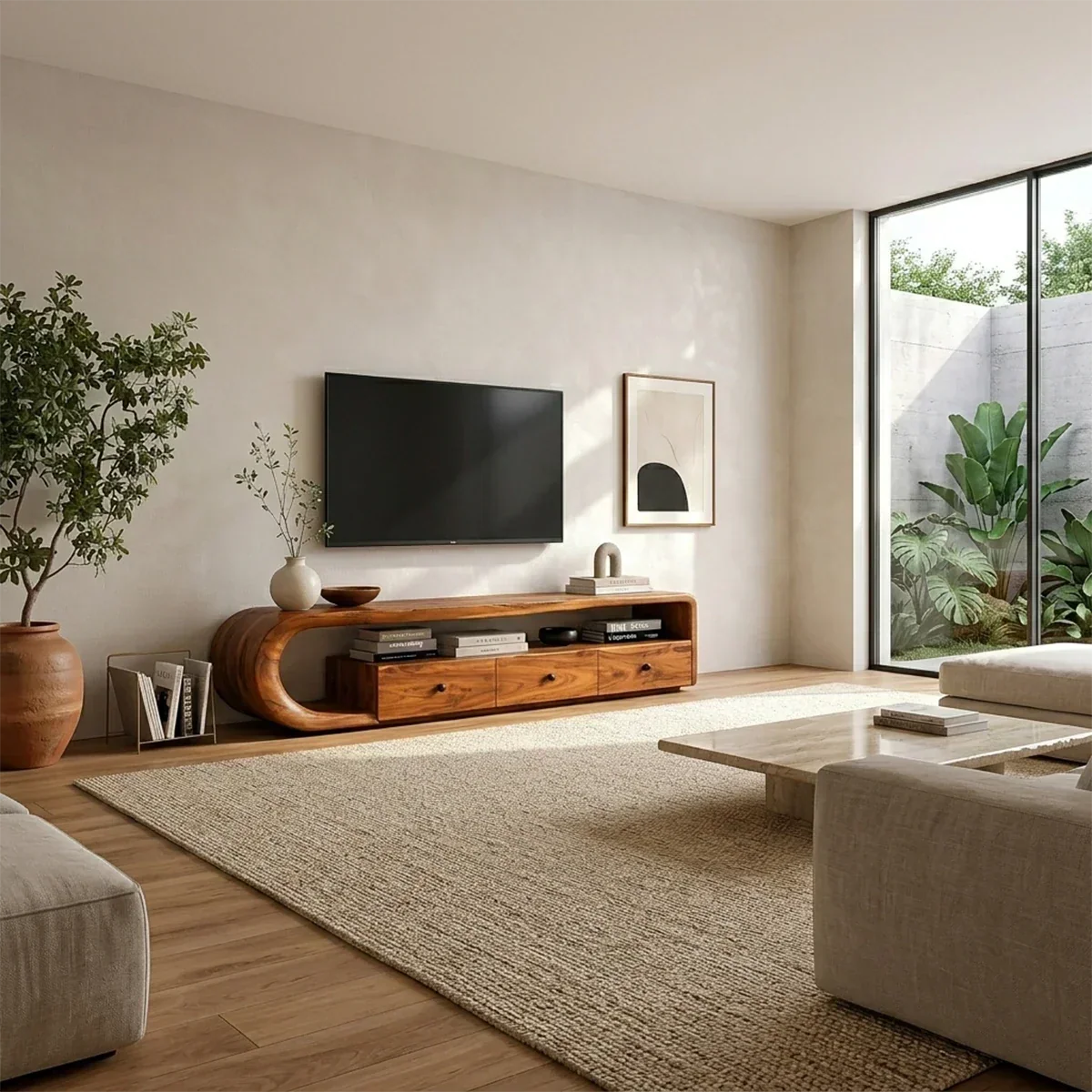 Curved Solid Wood TV Stand with Open Shelf and Drawer Storage Design - ArborisWood - 3