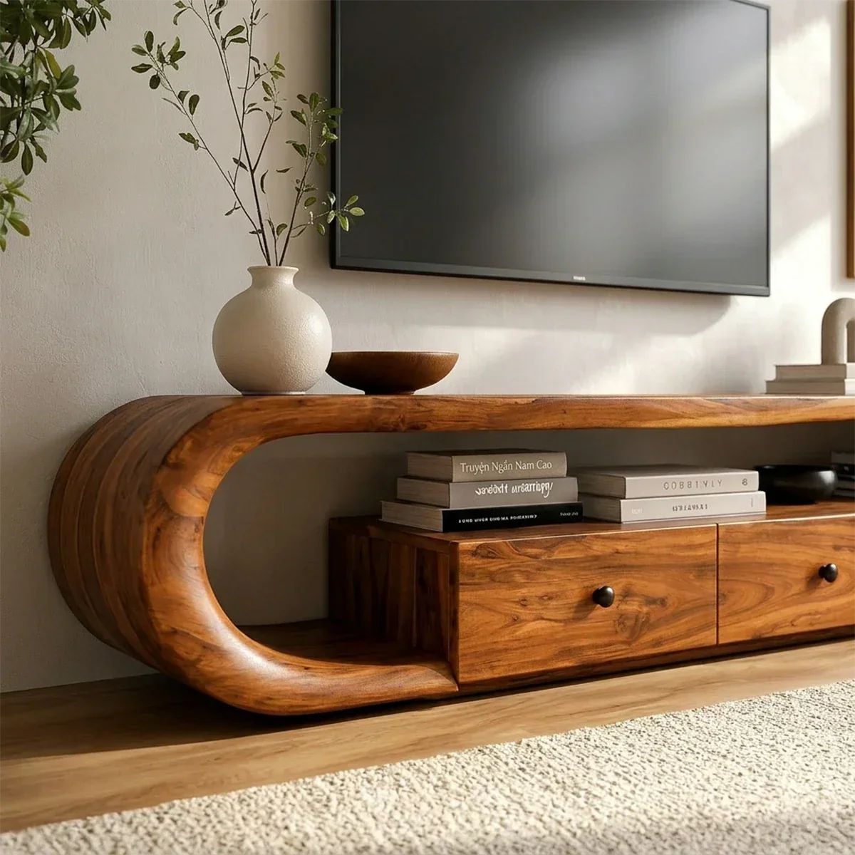 Curved Solid Wood TV Stand with Open Shelf and Drawer Storage Design - ArborisWood - 4