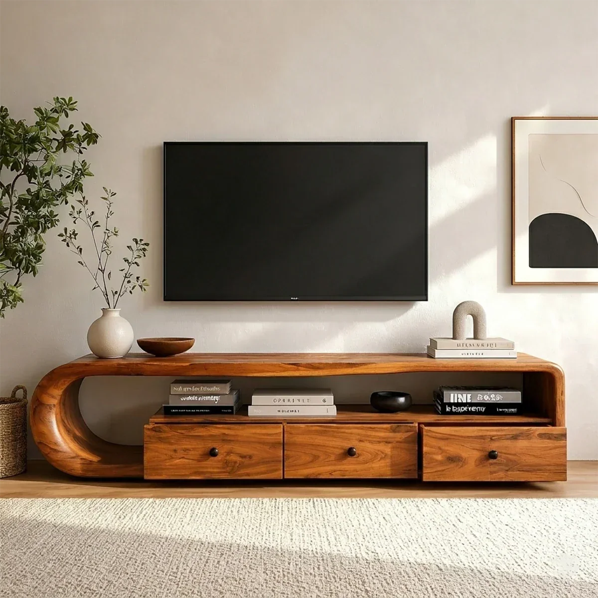 Curved Solid Wood TV Stand with Open Shelf and Drawer Storage Design - ArborisWood - 5