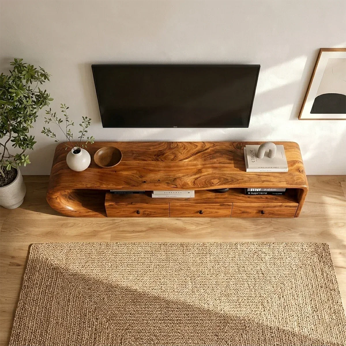 Curved Solid Wood TV Stand with Open Shelf and Drawer Storage Design - ArborisWood - 6