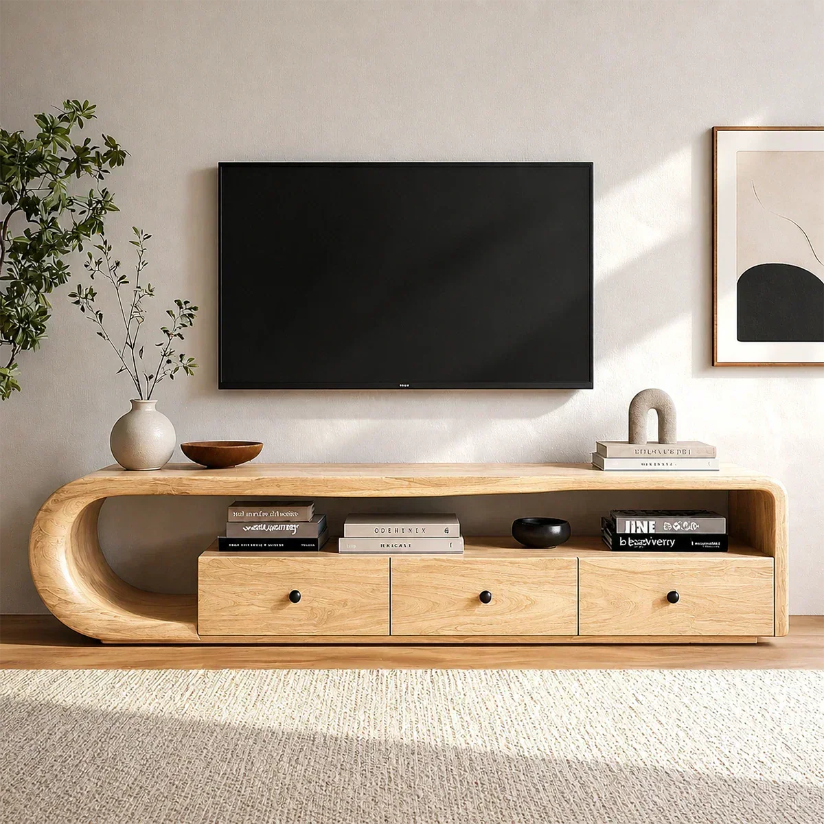 Curved Solid Wood TV Stand with Open Shelf and Drawer Storage Design - ArborisWood - 8