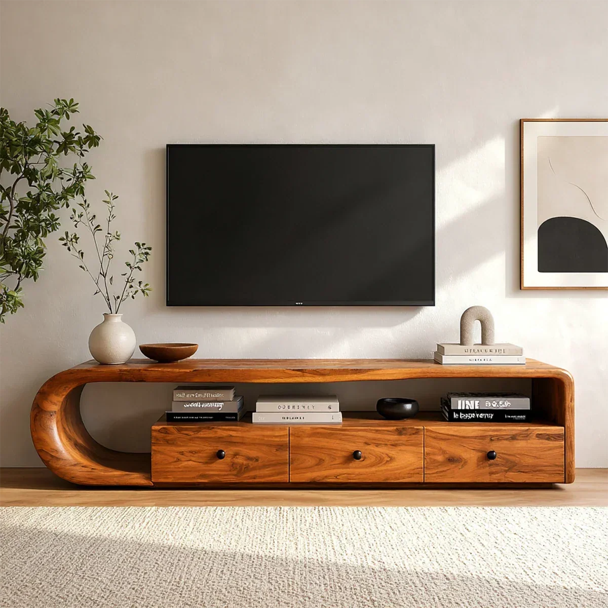 Curved Solid Wood TV Stand with Open Shelf and Drawer Storage Design - ArborisWood