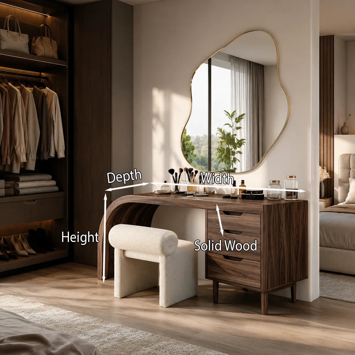 Beauty desk with dark wood tone, sculpted support, and practical makeup storage indoors