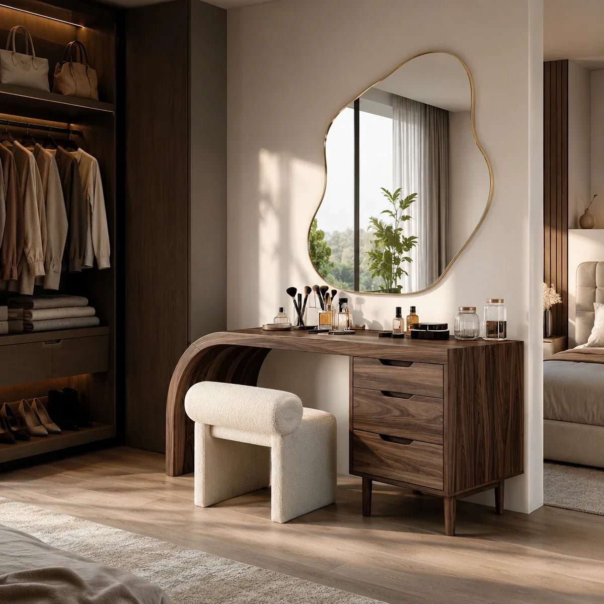 Sculptural makeup vanity with curved side support and four drawers in a refined room