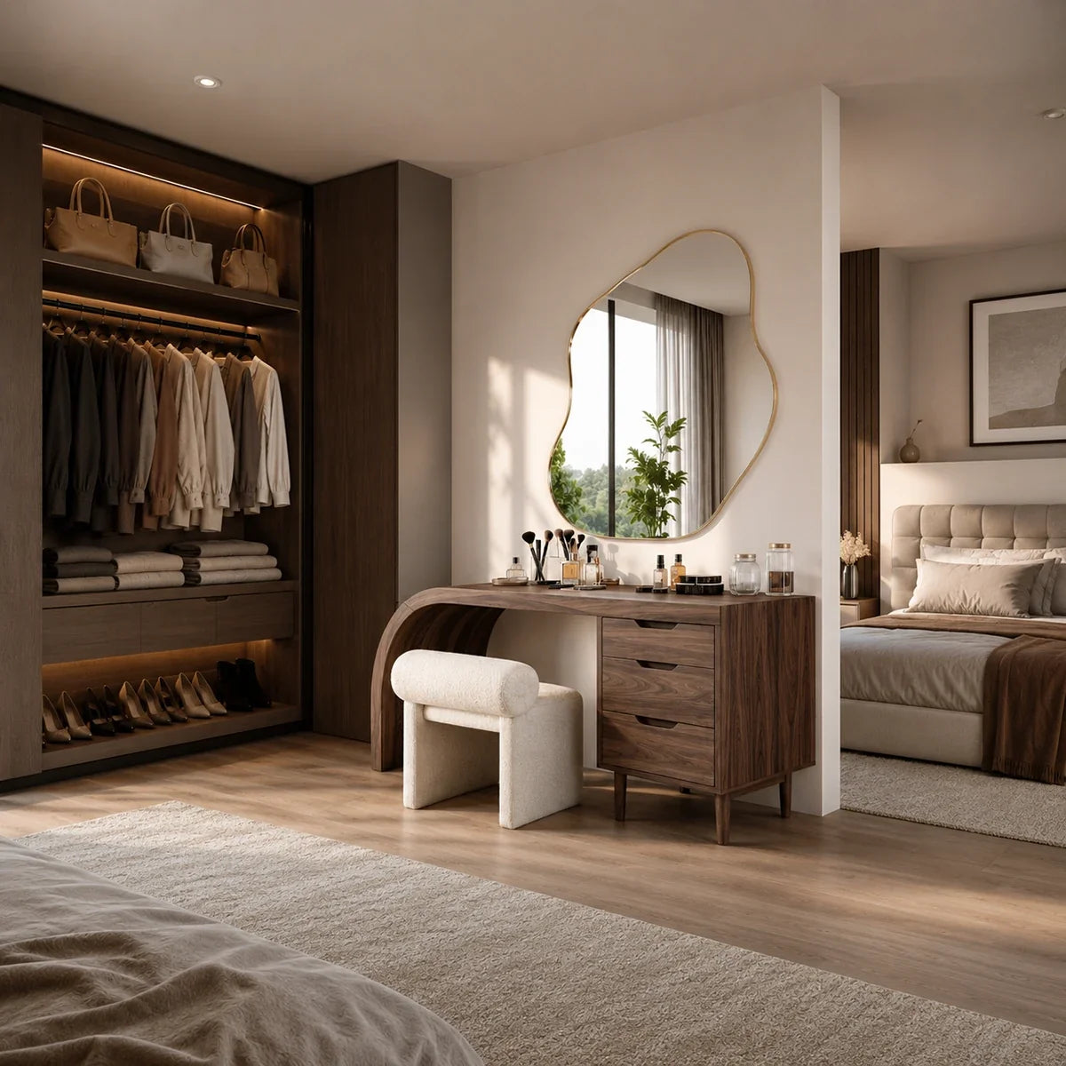 Modern dressing table with asymmetrical mirror and practical drawer storage indoors
