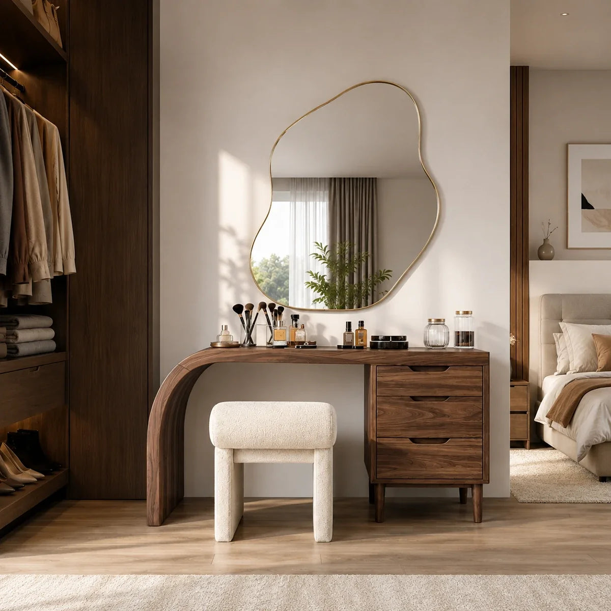 Bedroom vanity desk featuring a curved frame and stacked drawers for beauty essentials