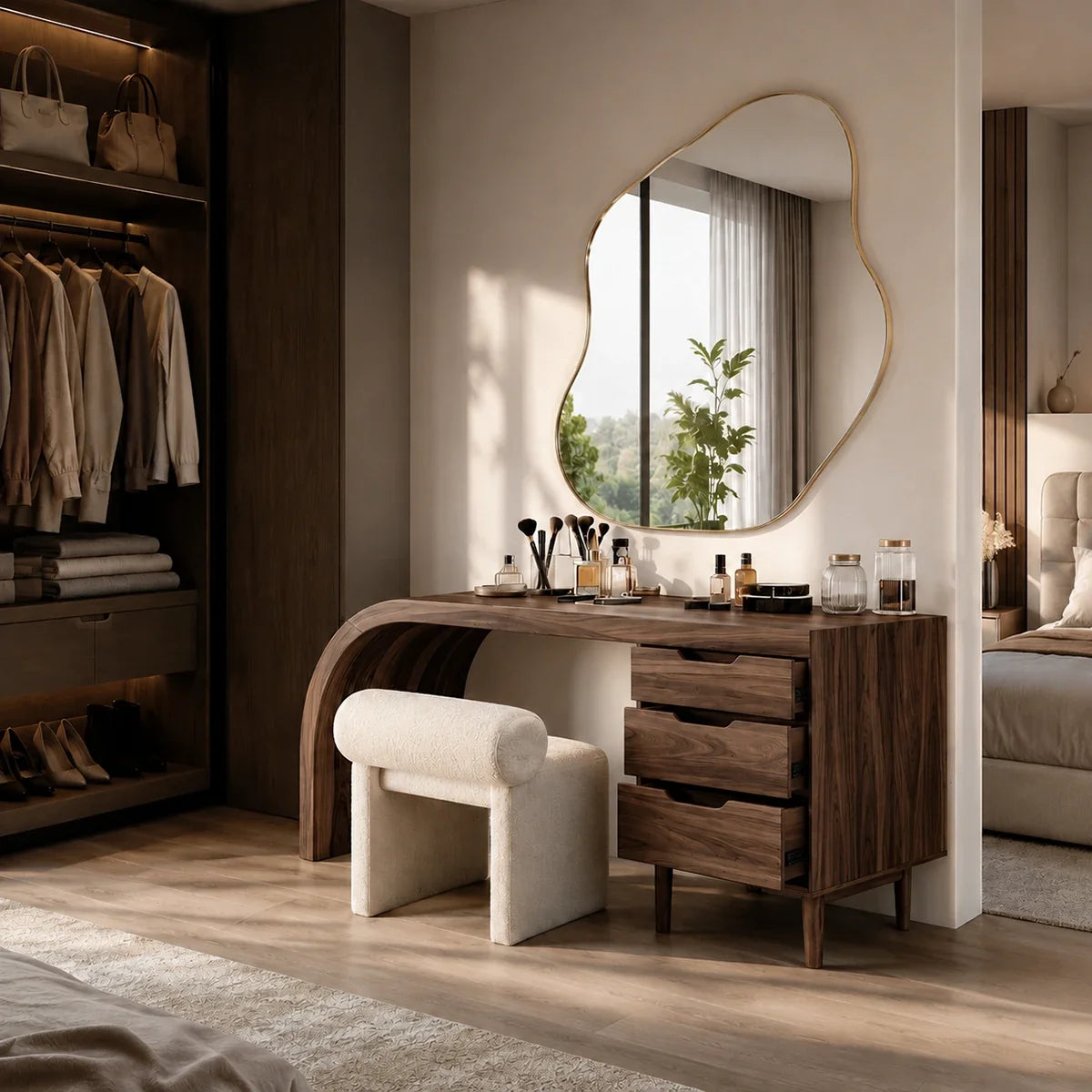 Minimalist vanity desk with curved leg form and compact storage for daily routines
