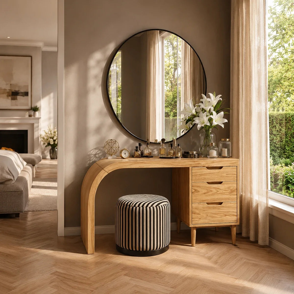 Contemporary makeup vanity showcases organic lines and useful storage beside a stool