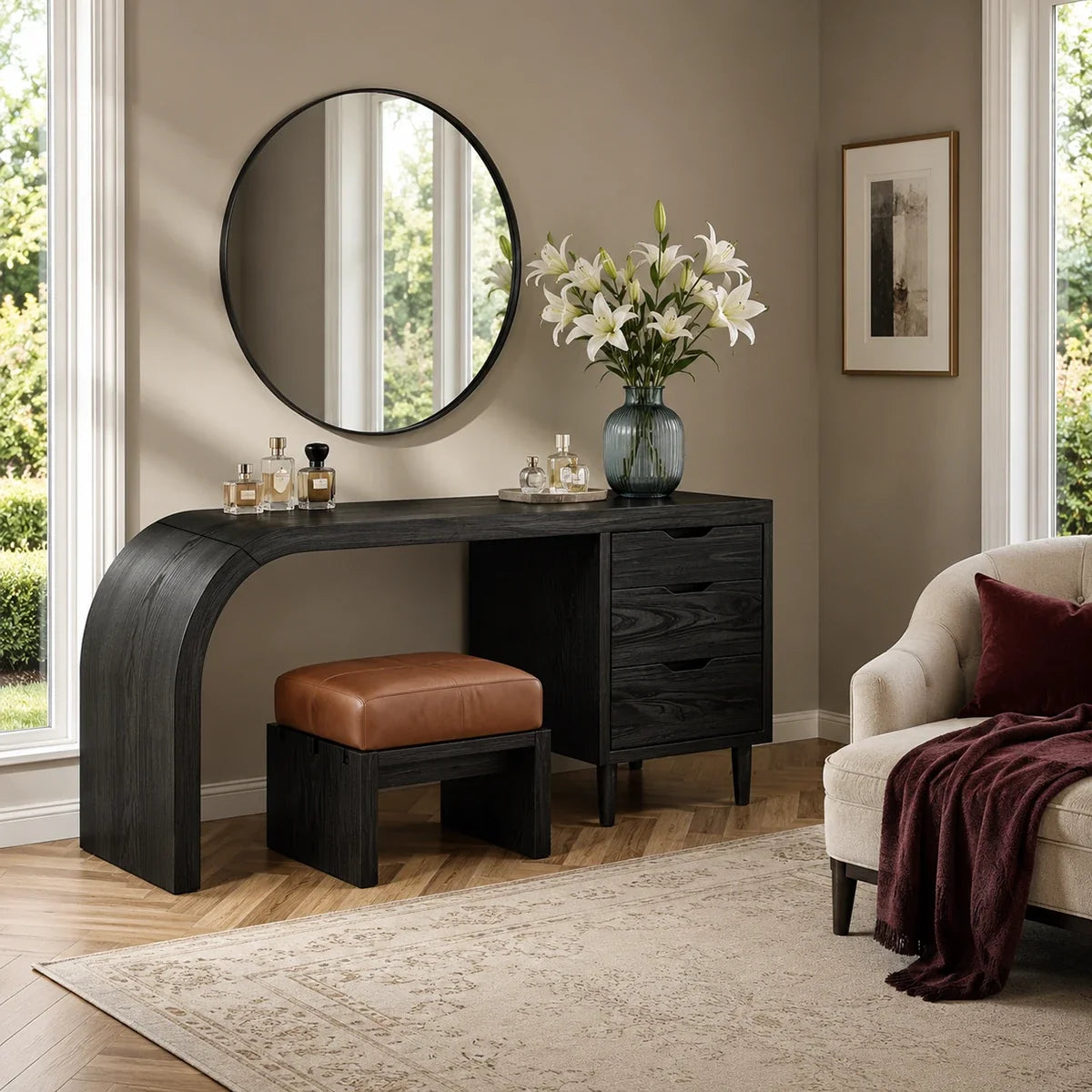 Vanity table with four drawers and curved side frame for organized bedroom styling