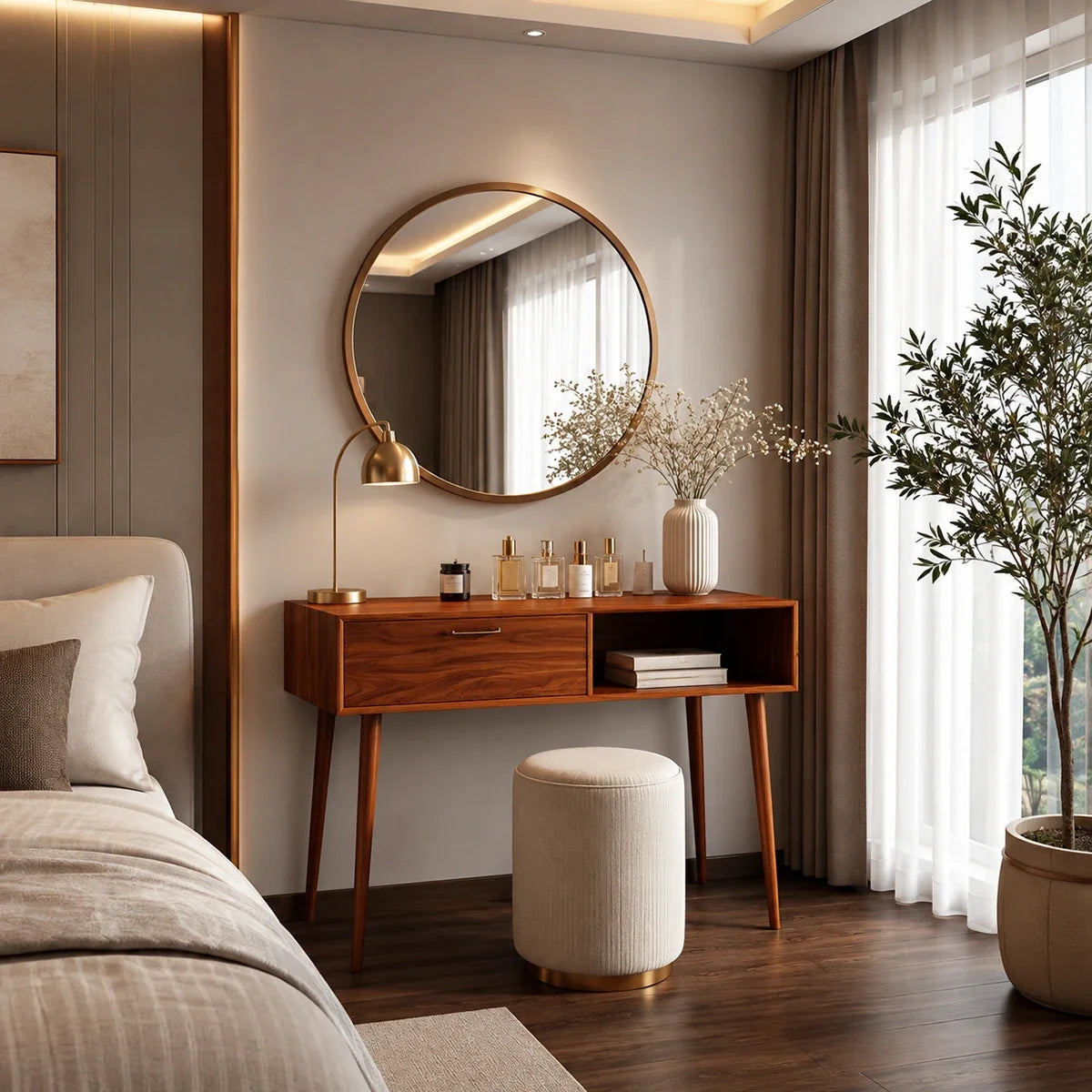 Bedroom dressing table with slim legs, drawer storage, and open shelf by a round mirror