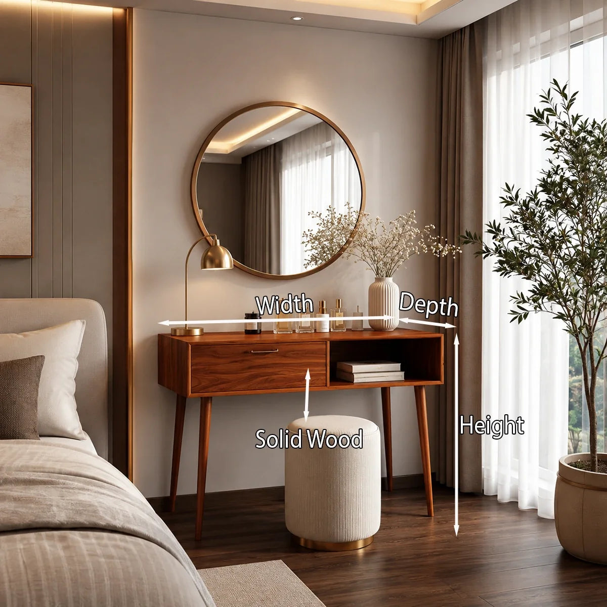 Beauty desk with warm wood tone, spacious drawer, and open cubby for everyday essentials