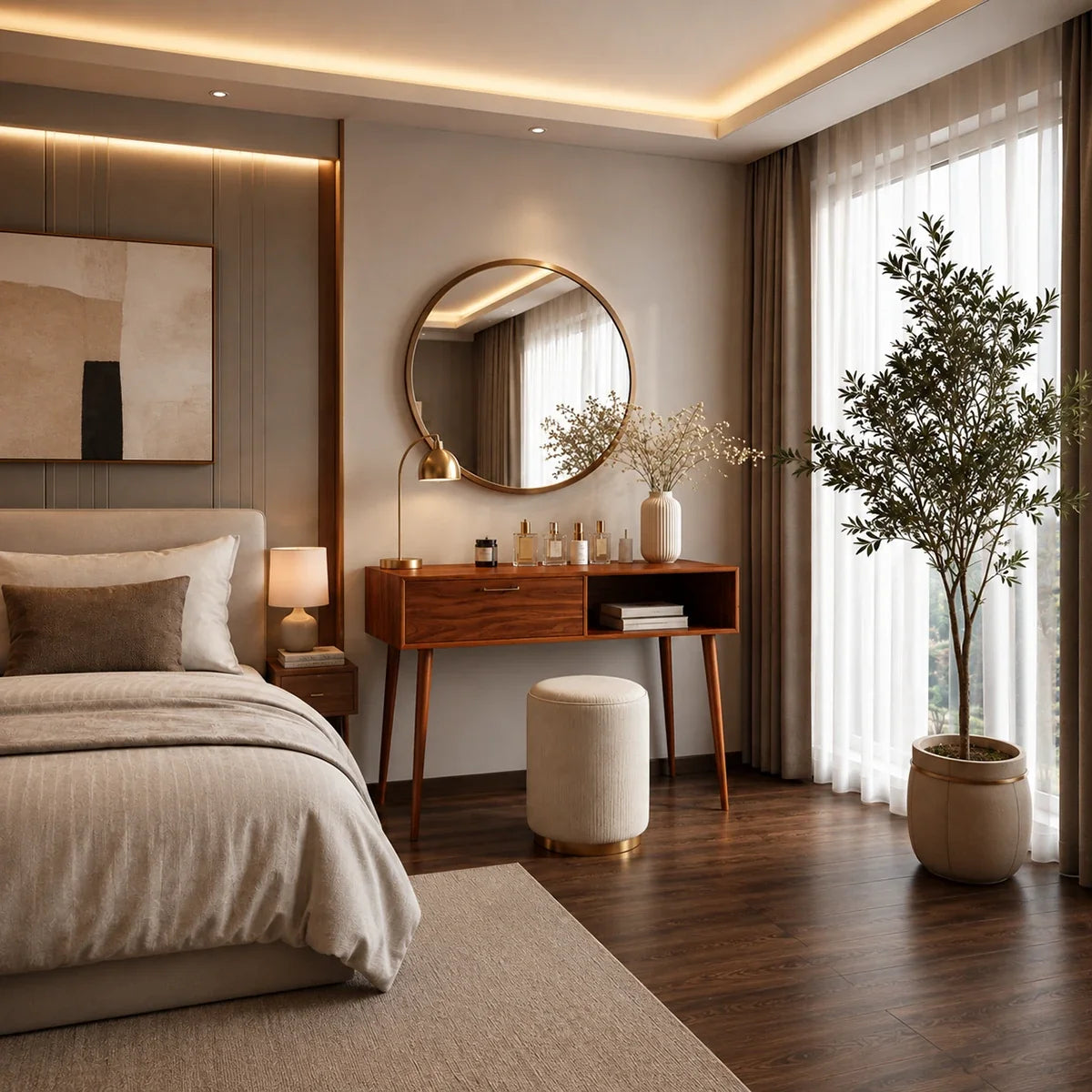 Modern makeup vanity with drawer and open shelf in a warm wood tone bedroom setting