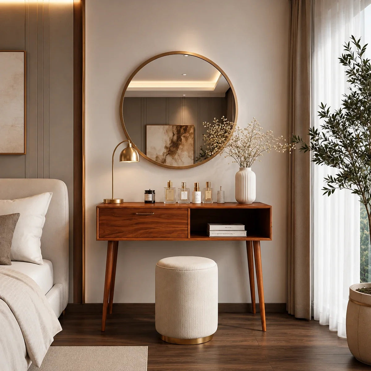 Makeup vanity desk featuring a wide drawer and open cubby for organized beauty essentials