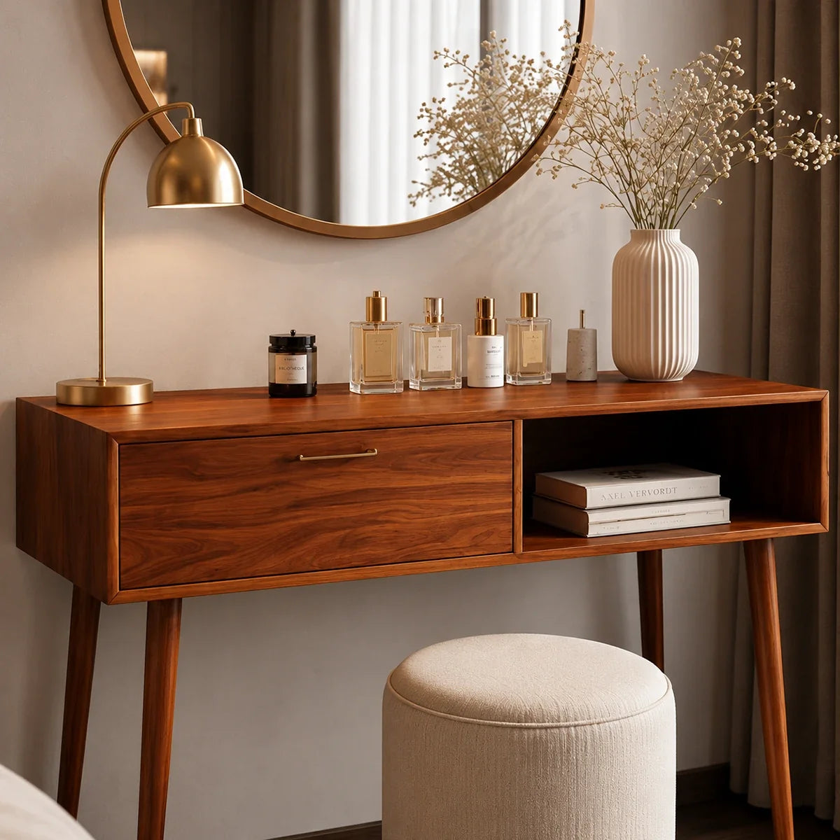 Cosmetic vanity table with tapered legs and warm finish in a calm contemporary bedroom