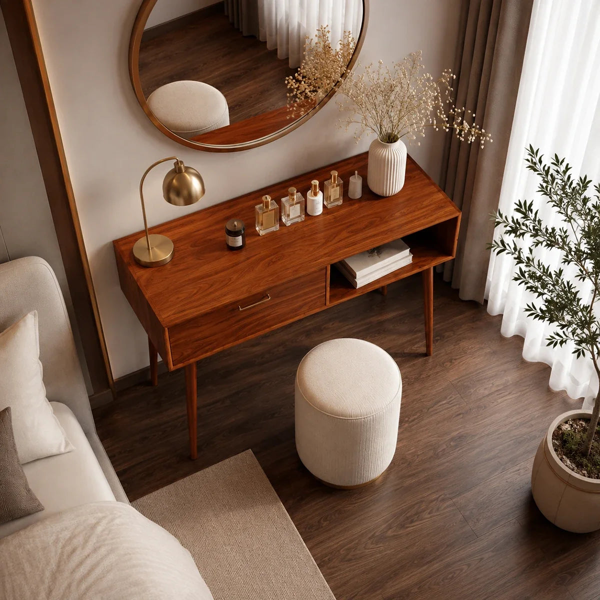 Designer makeup table with visible grain, sleek drawer storage, and an open display cubby