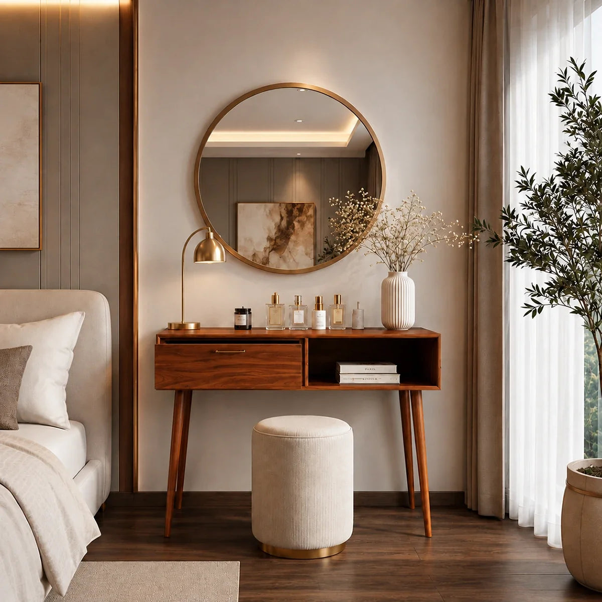 Minimalist vanity desk with one drawer and open shelf for practical daily beauty storage