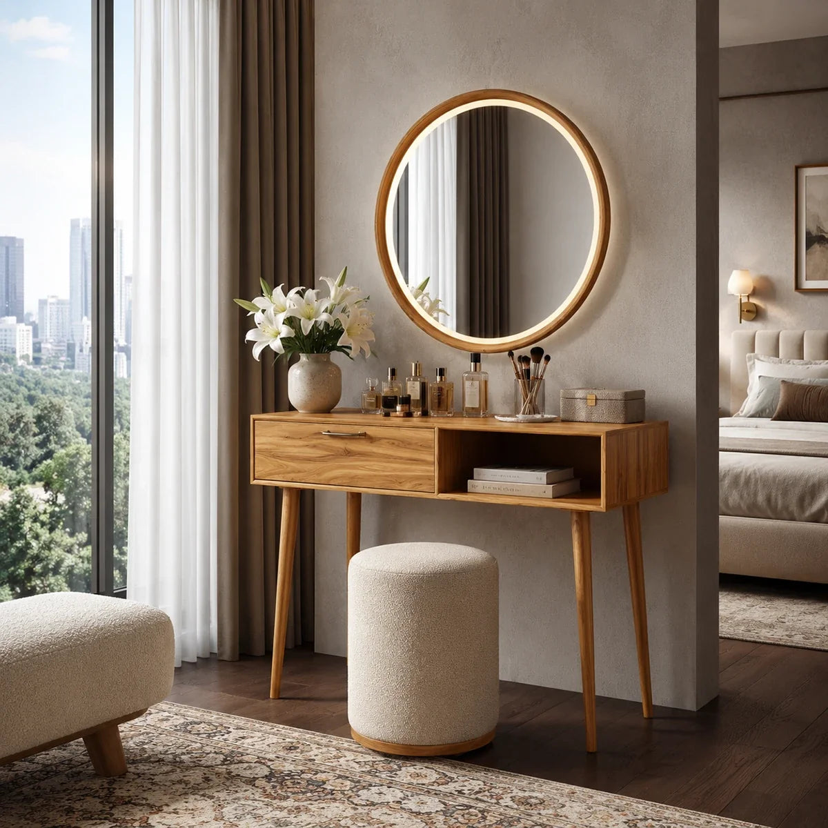 Contemporary makeup vanity showcases a clean drawer front and open shelf in a bright room
