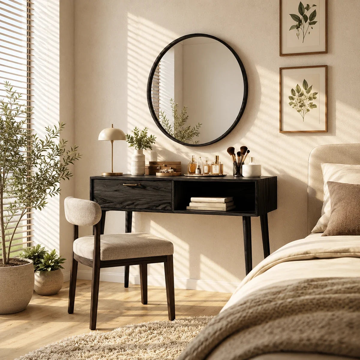 Vanity table with slim legs and mixed open and closed storage for modern bedroom styling