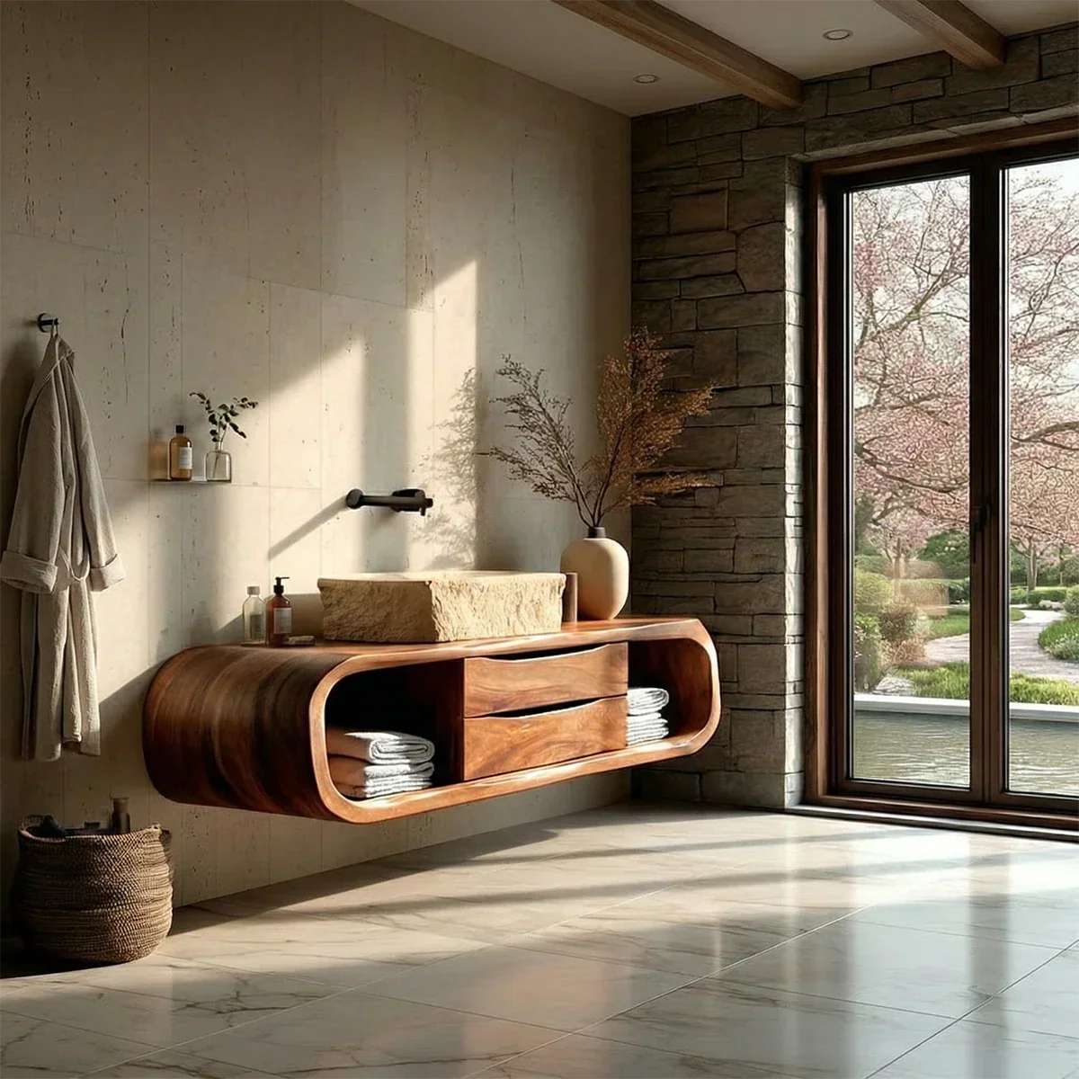 Floating Bathroom Vanity Natural Solid Wood With Curved Frame Storage - Arboriswood - 2