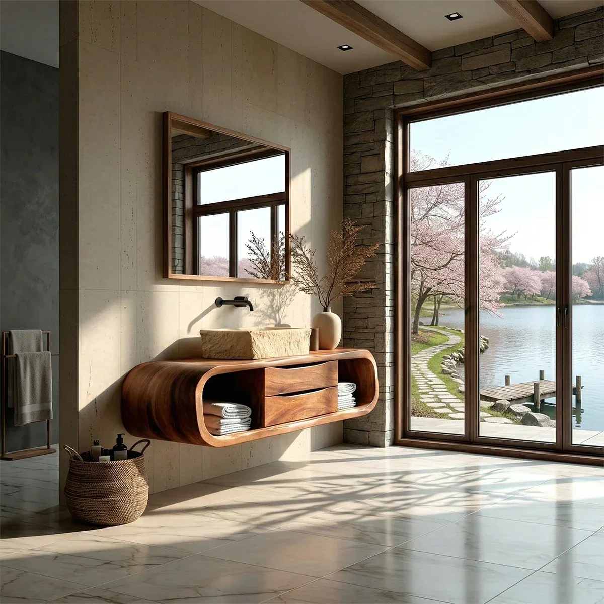Floating Bathroom Vanity Natural Solid Wood With Curved Frame Storage - Arboriswood - 3